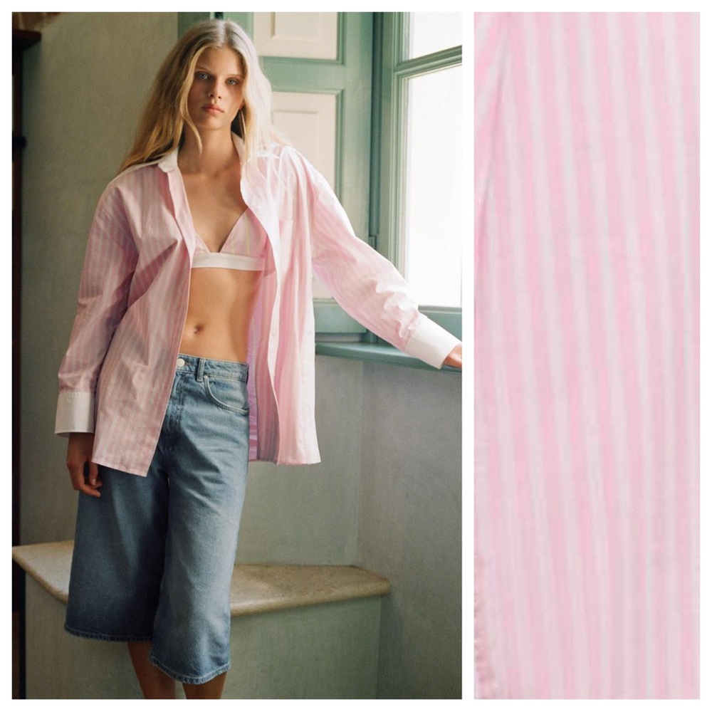 NWT. Zara Pink Poplin Striped Lapel Collar Shirt with Cuffed Sleeves. Size XXL.